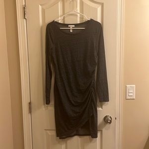 Leith, size large, grey, long sleeve ruched mini dress.